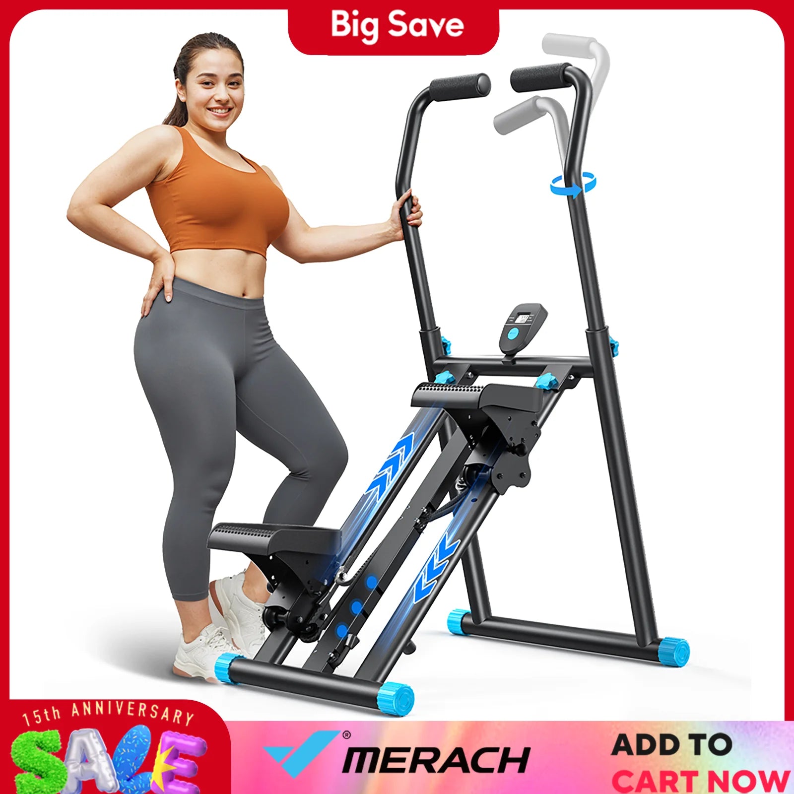 Stair Stepper New Version Vertical Compact Folding Exercise Climber with Extended Step Range Adjustable Handlebar&Pedals