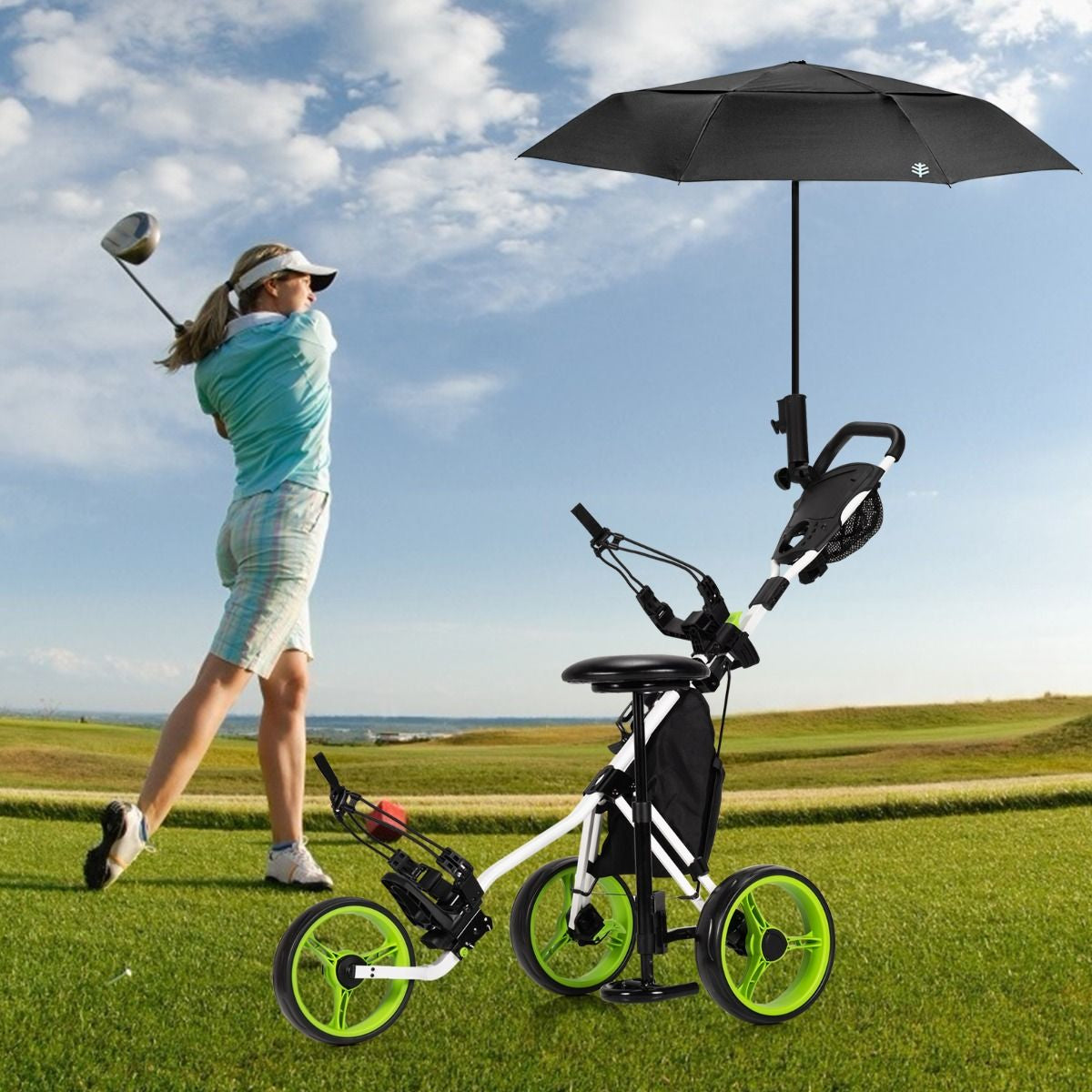 Golf Push Pull Cart with Storage Bag and Foot Brake