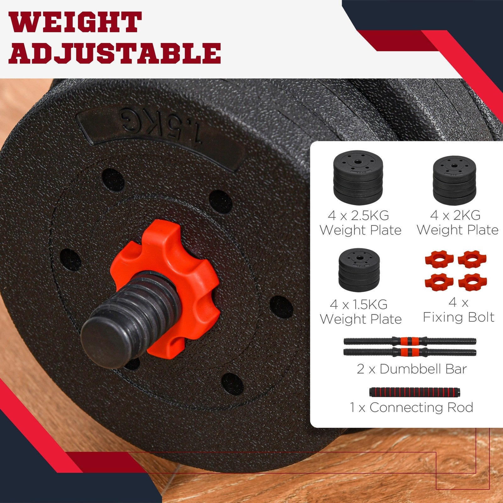 HOMCOM 25Kg Adjustable 2 in 1 Barbell Dumbbells Weight Set for Body Fitness