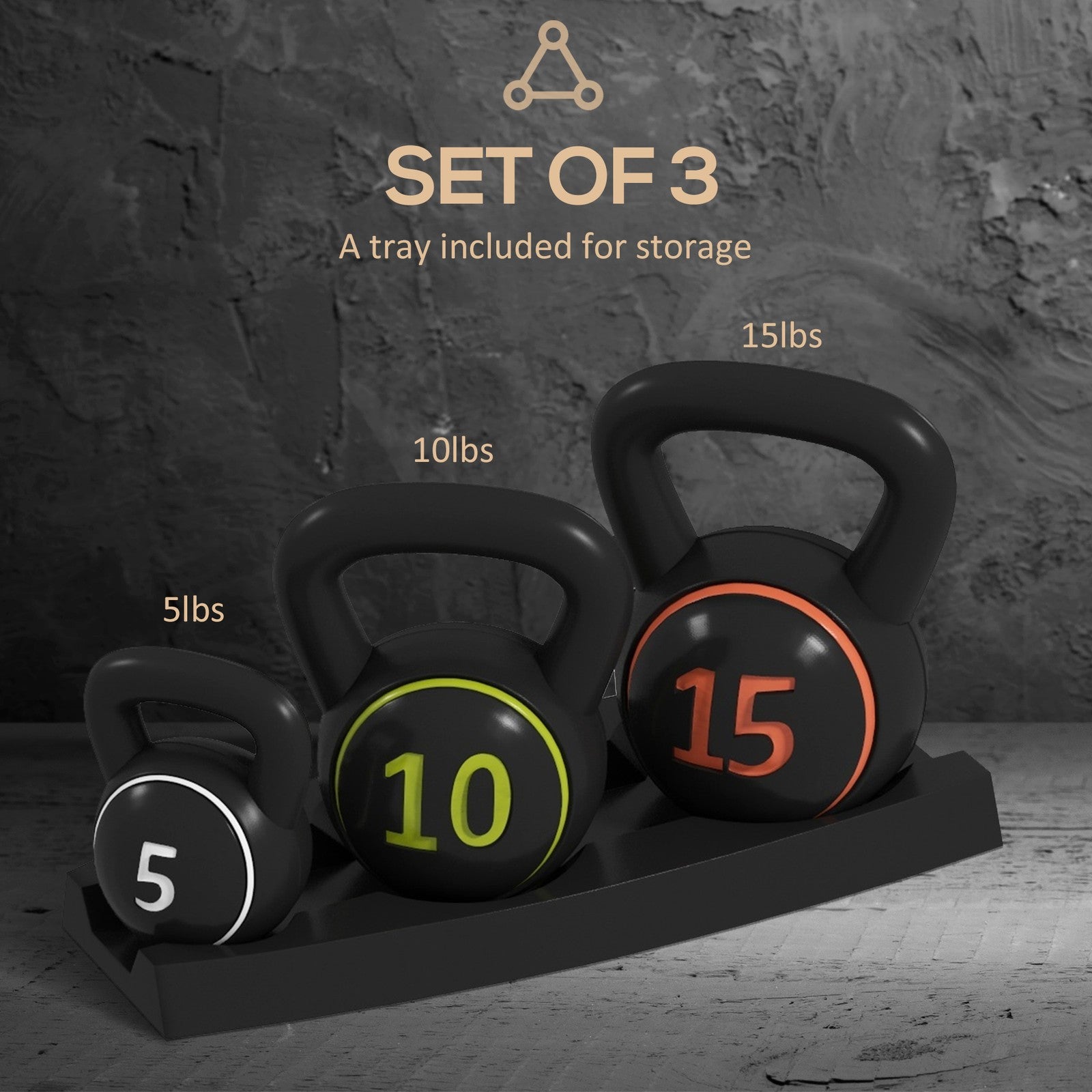 SPORTNOW Set of Three Kettlebell Weights with Storage Tray, 2.2Kg, 4.5Kg, 6.8Kg