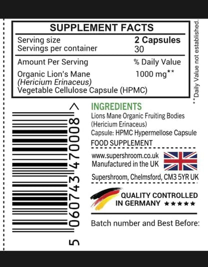 Organic Lions Mane  Supplements | Full-Spectrum Mushroom Powder | 100% Fruiting Bodies | No Fillers