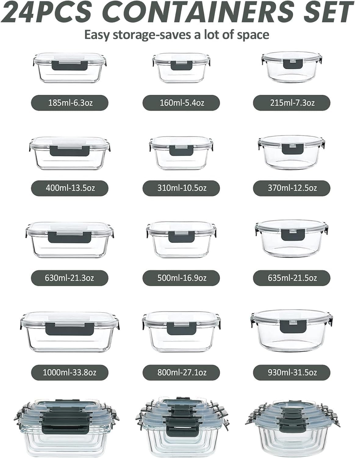 12PACK Glass Food Storage Containers Set, Airtight Glass Lunch Containers, Glass Meal Prep Containers with Lids,Exclusive of BPA, for Microwave, Oven, Freezer & Dishwasher Friendly,Grey