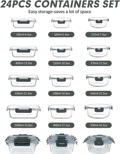12PACK Glass Food Storage Containers Set, Airtight Glass Lunch Containers, Glass Meal Prep Containers with Lids,Exclusive of BPA, for Microwave, Oven, Freezer & Dishwasher Friendly,Grey