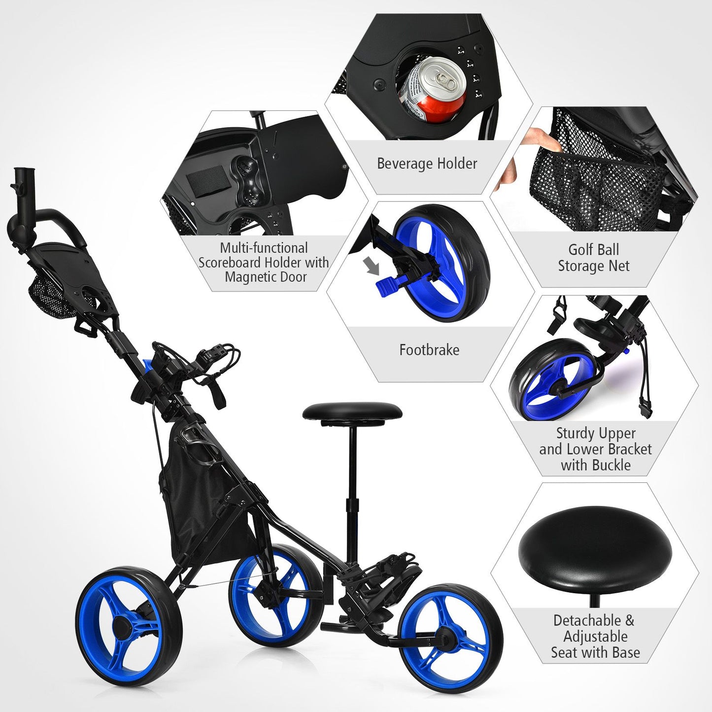 Golf Push Pull Cart with Storage Bag and Foot Brake