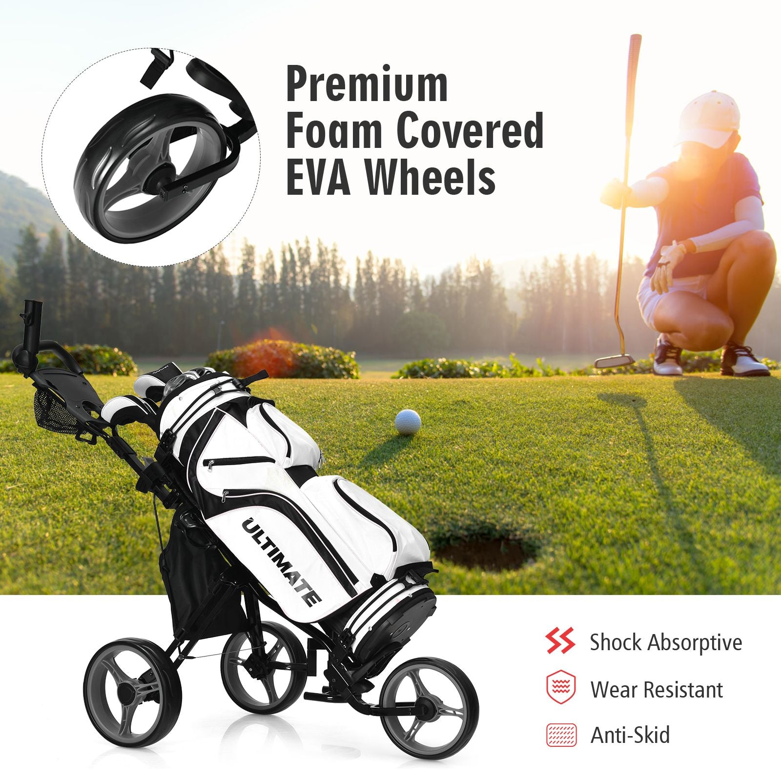 Golf Push Pull Cart with Storage Bag and Foot Brake
