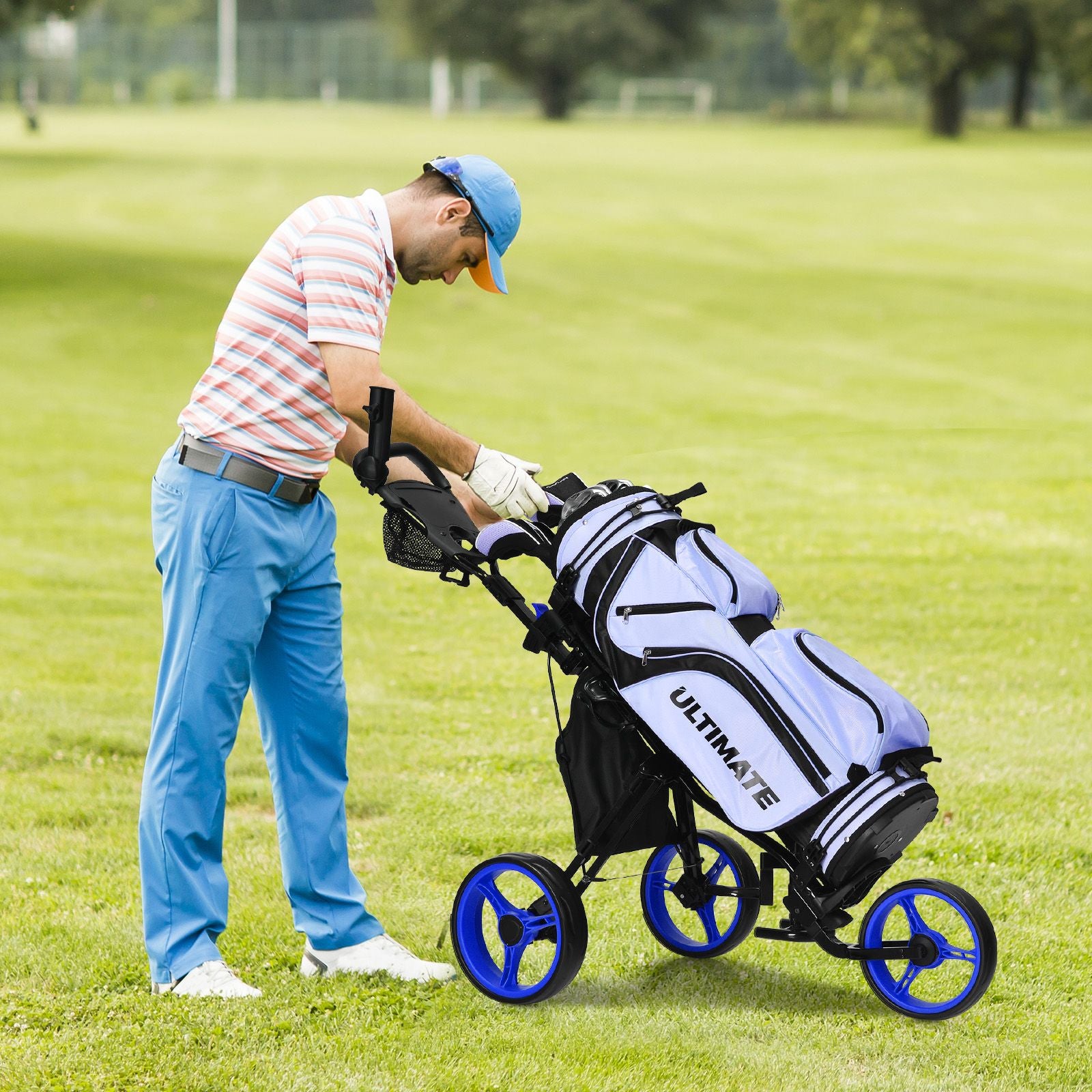 Golf Push Pull Cart with Storage Bag and Foot Brake