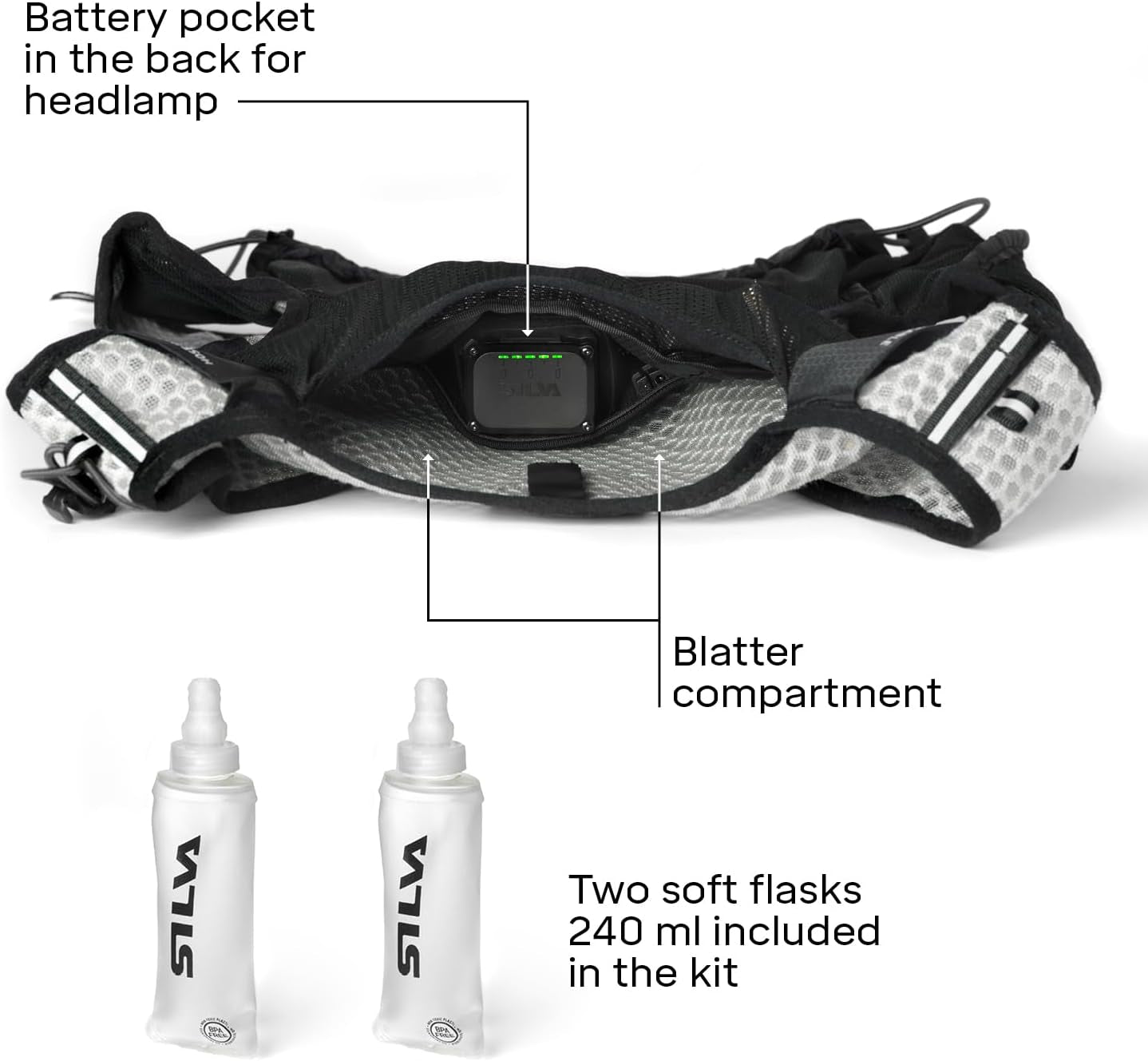 Black Running Vest with Water Bottles - Strive Light 5 or 10 Litres Pack Volume - Lightweight Running Backpack for Men and Women - Two 240 Ml Soft Flasks Included - Trail Running Vest
