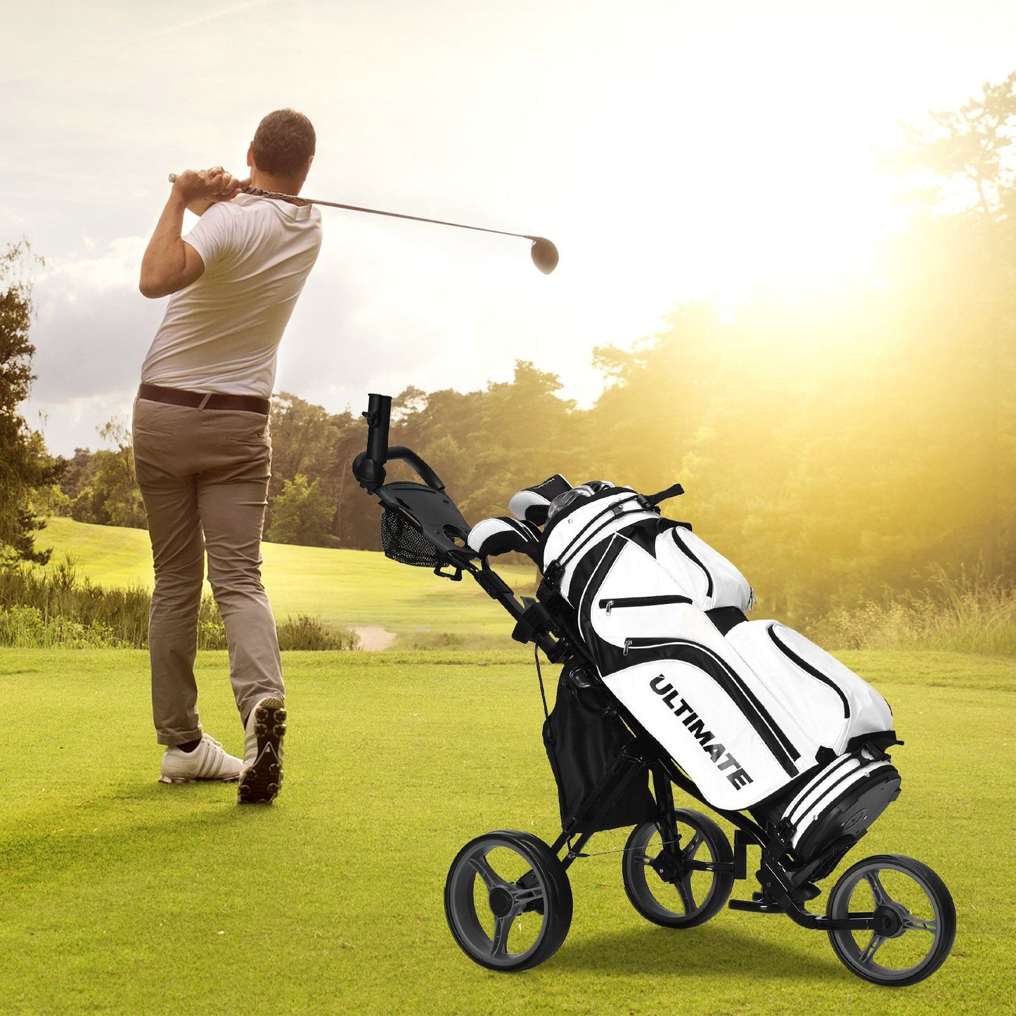 Golf Push Pull Cart with Storage Bag and Foot Brake