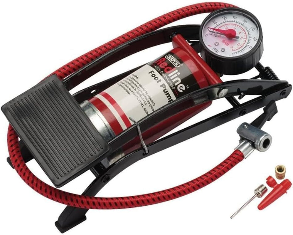® Draper Foot Pump with Pressure Gauge Inflates Tyres Balls Inflatables Durable Steel Frame Non Slip Pedal