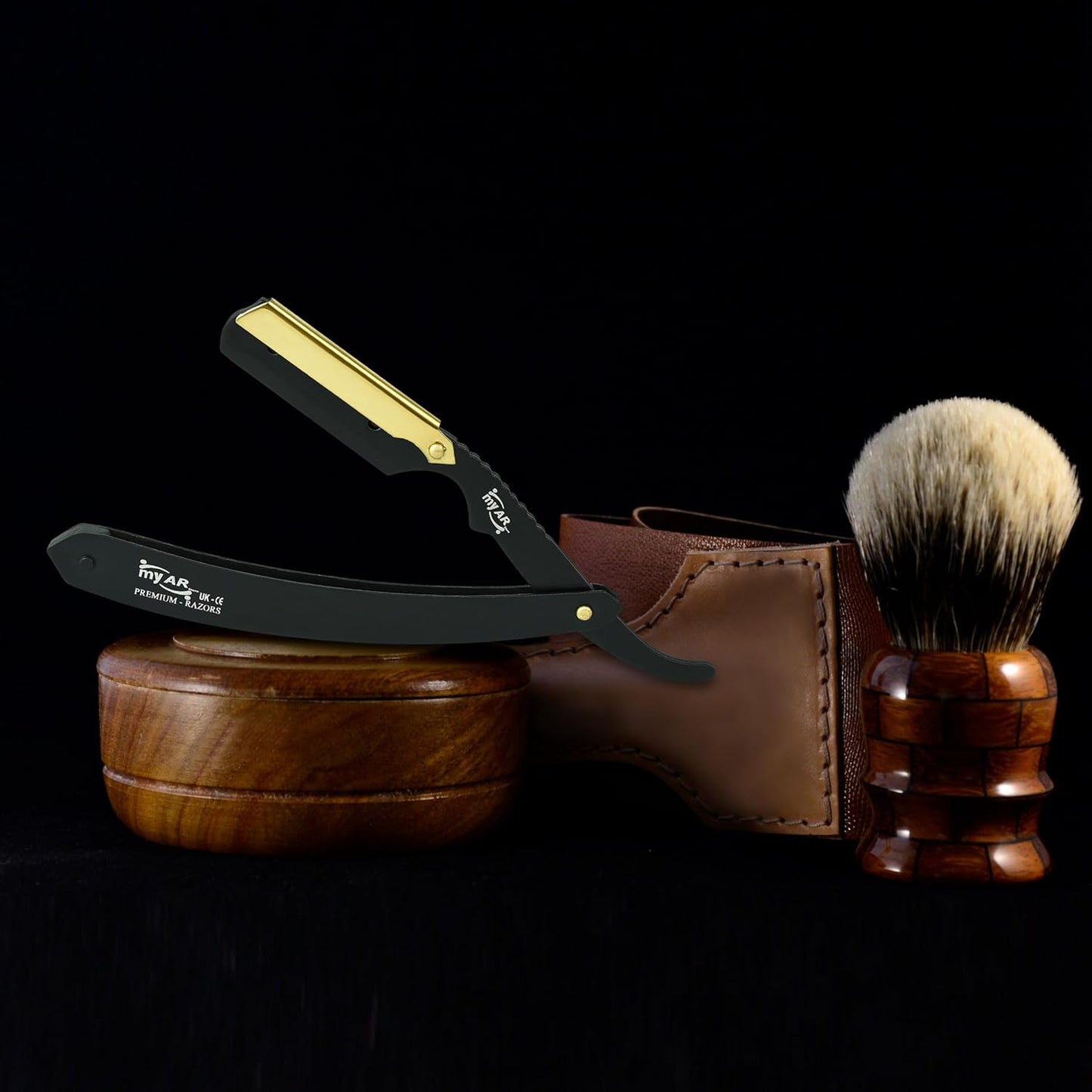 Straight Cut Throat Razor Kit - Professional Barber Shaving for Men - Moustache & Beard Kit (Black with Gold)