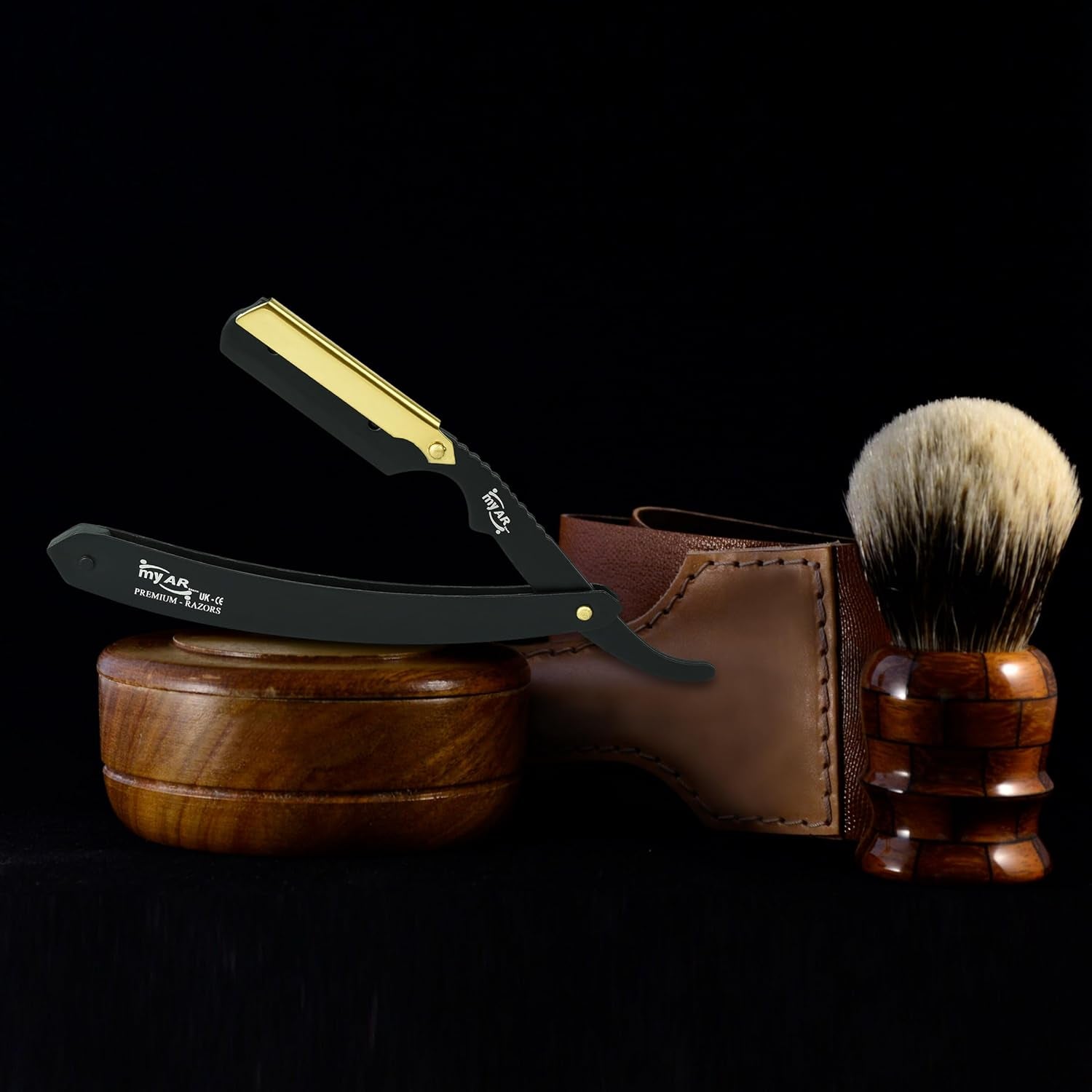 Straight Cut Throat Razor Kit - Professional Barber Shaving for Men - Moustache & Beard Kit (Black with Gold)