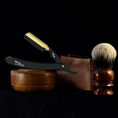 Straight Cut Throat Razor Kit - Professional Barber Shaving for Men - Moustache & Beard Kit (Black with Gold)