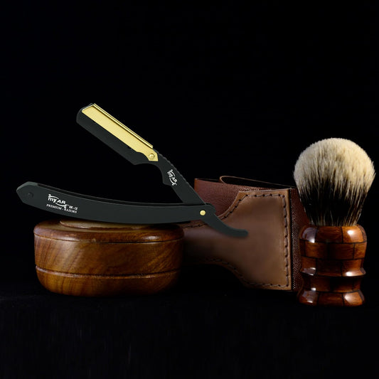 Straight Cut Throat Razor Kit - Professional Barber Shaving for Men - Moustache & Beard Kit (Black with Gold)