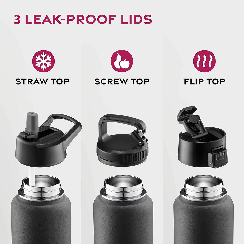 40 Oz Water Bottle Stainless Steel Thermos Bottle Keeps Cold Triple Walled Insulated Drinking Straw Gym Sports-Leisure Canteens