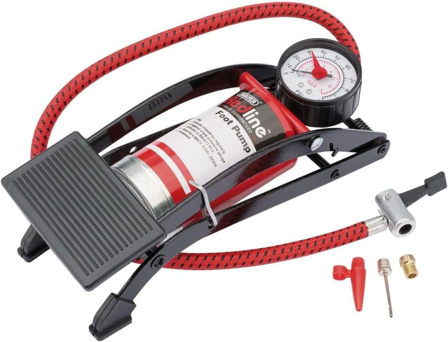 ® Draper Foot Pump with Pressure Gauge Inflates Tyres Balls Inflatables Durable Steel Frame Non Slip Pedal
