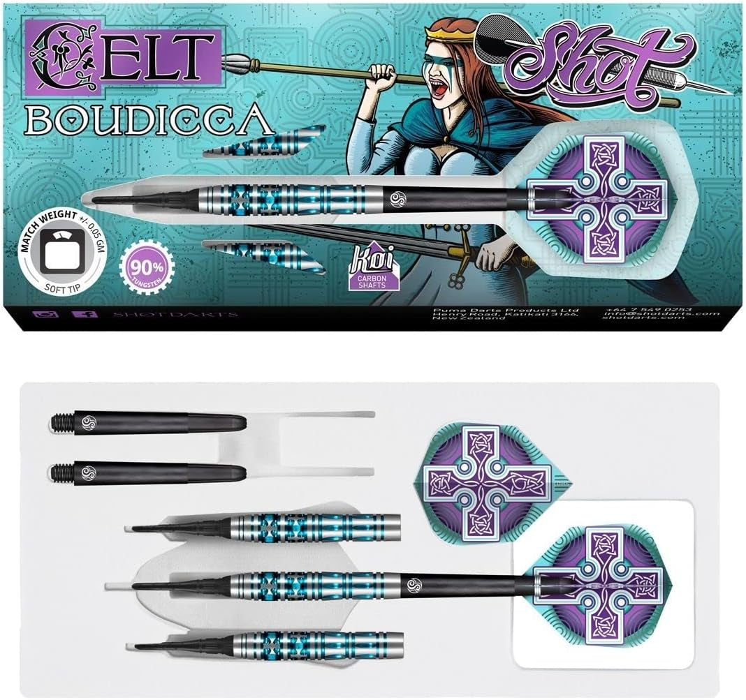 Darts Celt Boudicca 90% Tungsten Pro Throwing Darts Soft Tip Set, Professional – Made in New Zealand – Designed Dart Flights for Women & Men – Plastic Tip Bar Darts for Adults