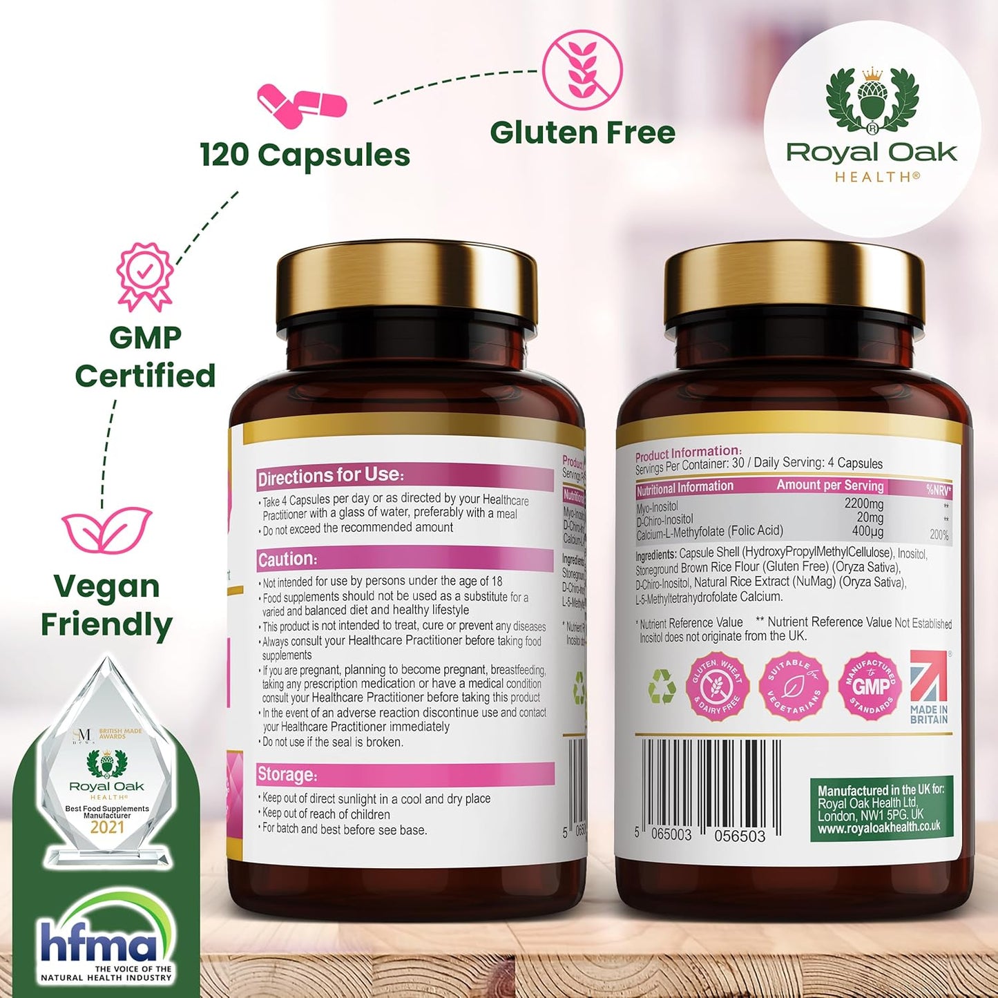 Myo Inositol 2,200Mg and D-Chiro Myo Inositol Capsules with Folate PCOS & Ovulation Support (120 Capsules)